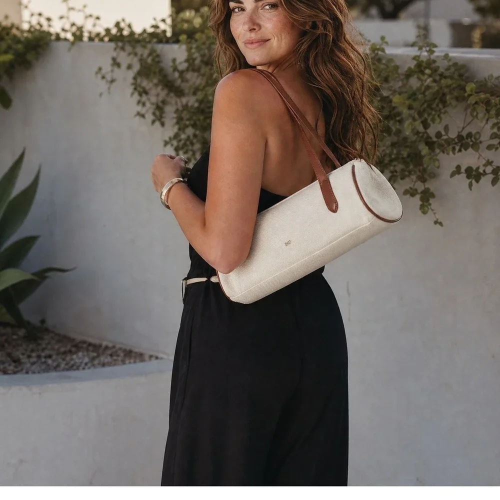 JW PEI Nova Baguette Shoulder Bag Beige Canvas Brown‎ Vegan Leather